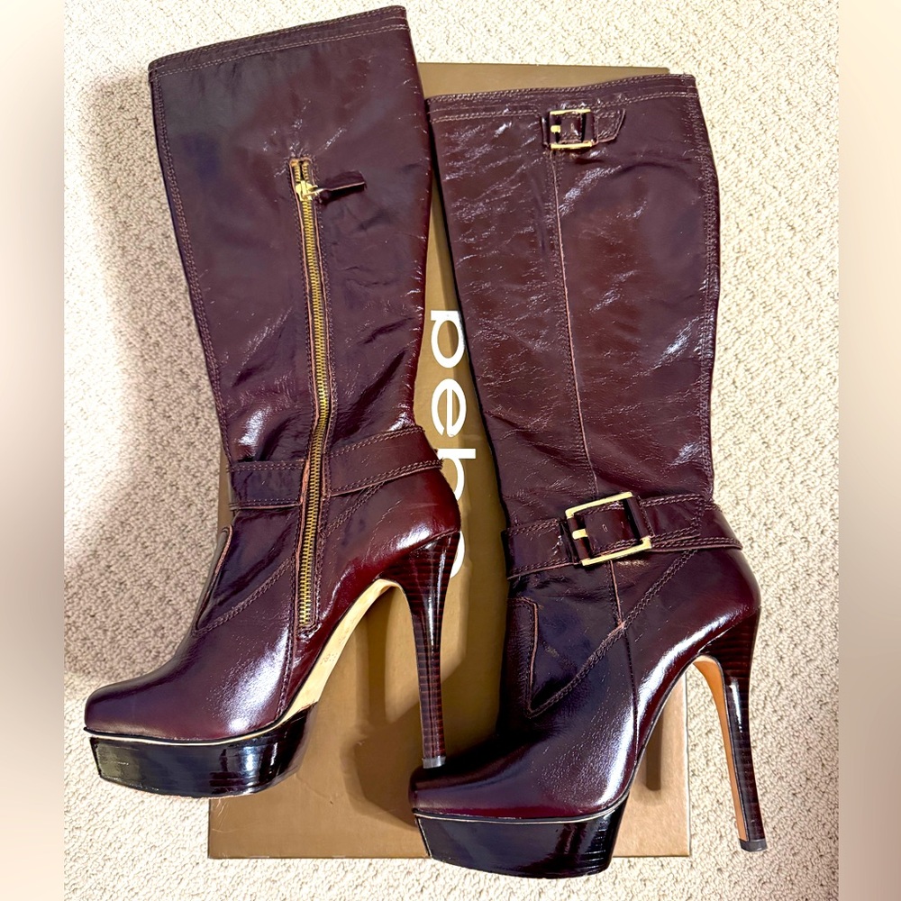 Bebe Kyra brown leather boots with gold toe plate
